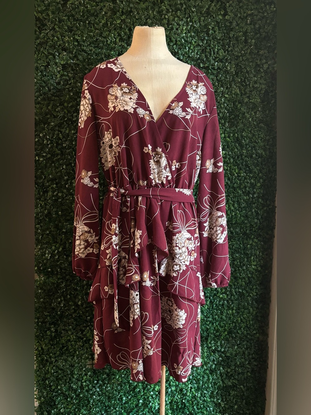 XL Floral Wrap Tie-Waist Long Sleeve Dress in Burgundy